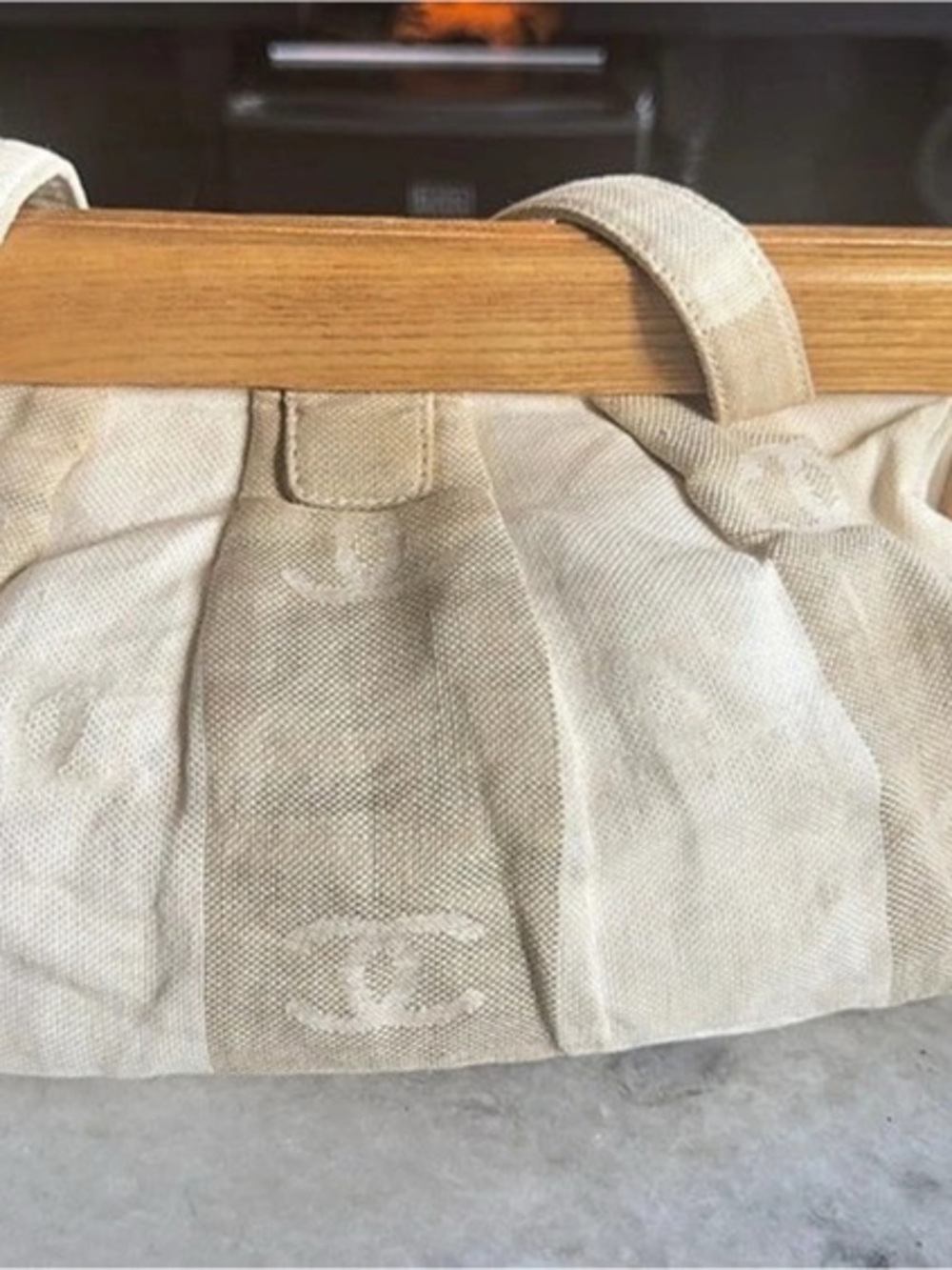 Chanel CC Canvas Wooden Handle Tote Shoulder Bag in White